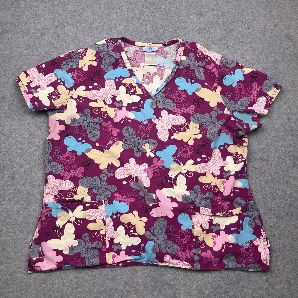 SB‎ scrubs medical uniform top purple butterflies v-neck size large